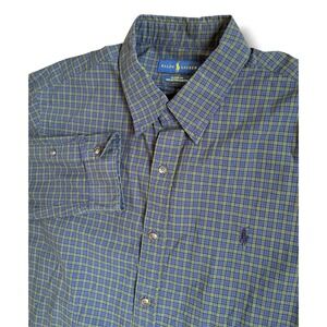 Ralph Lauren Classic Fit Mens XXL Blue Green Plaid Cotton Stretch Button Down
